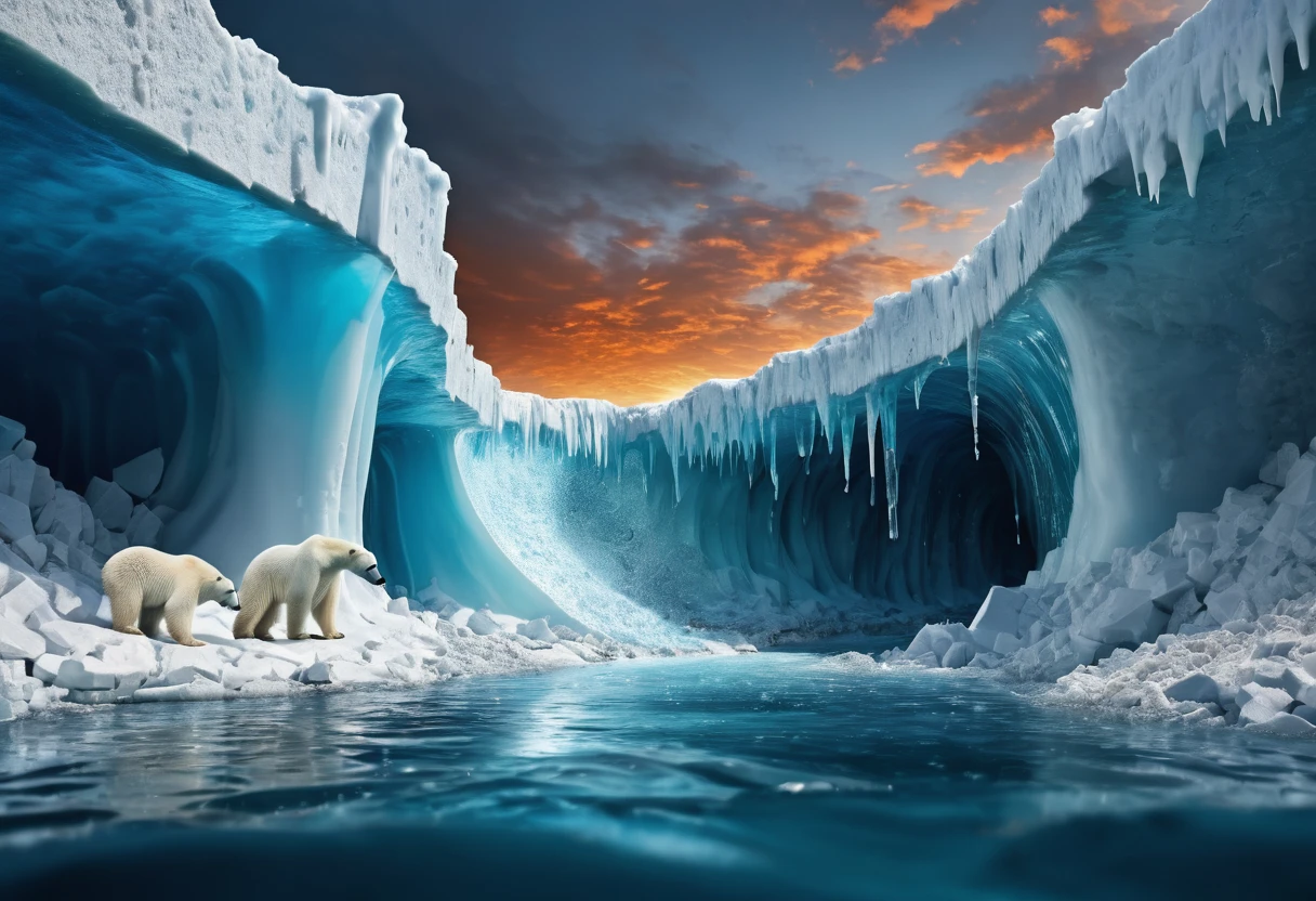 An artistic representation of global warming’s impact, featuring a split scene. One side shows a melting glacier with polar bears struggling to find ice, while the other side depicts a city experiencing extreme heatwaves and rising sea levels. The contrast emphasizes the urgent need for action, 32K, extreme highly detail, attracted lighting, trending on CG magazine