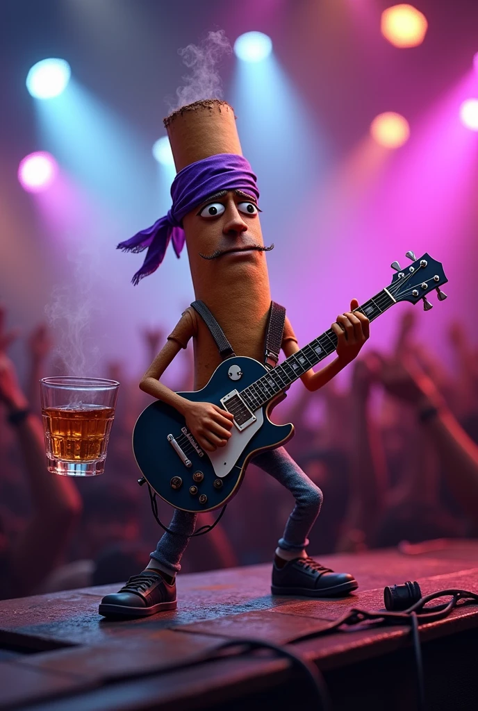generate a single tobacco cigarette with a body and a purple bandana on his forehead, who is playing rock with a guitar at a concert while also smoking a cigarette and drinking whiskey
