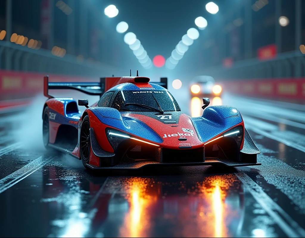 The task is asking to annotate the image by describing its content. The image features a modern racing car prominently displayed in the foreground, characterized by its sleek design and vibrant color scheme. The car's position on a wet road suggests motion and speed, which is further emphasized by the streaks of light created by the headlights and ambient lighting. The background, though less distinct, provides context with the suggestion of an ongoing race or a high-speed drive at night. There are no people visible in the image, and the focus is solely on the vehicle and its immediate surroundings.