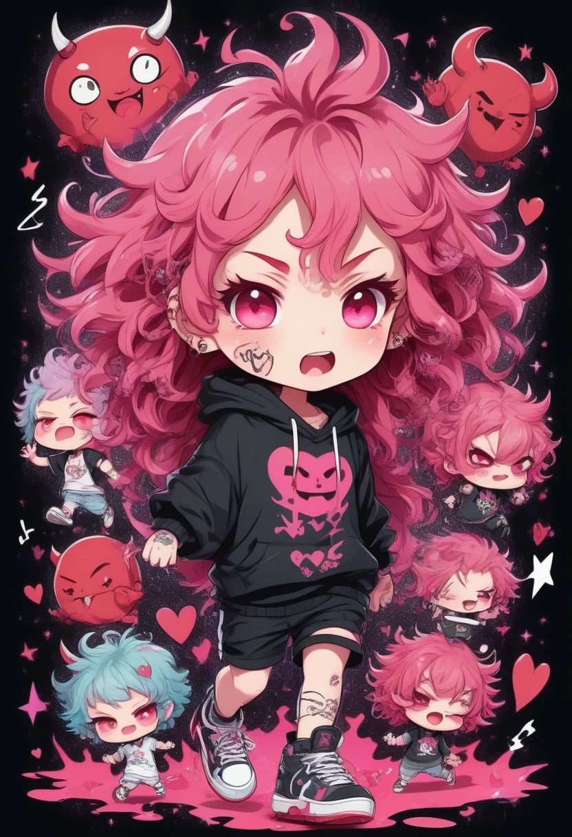 score_9, score_8_up, score_7_up, score_6_up, score_5_up, score_4_up, chibi characters, cute, mean and energetic devil children, pink messy wavy hair, wearing loose baggy hip-hop fashion, make-up, covered in tattoos, background another dimension, notes effects, star effects, heart effects, glitter effects, (ultra detailed, absolutely resolution, best quality:1.3), artistic, hyper, graphic CG digital pop art