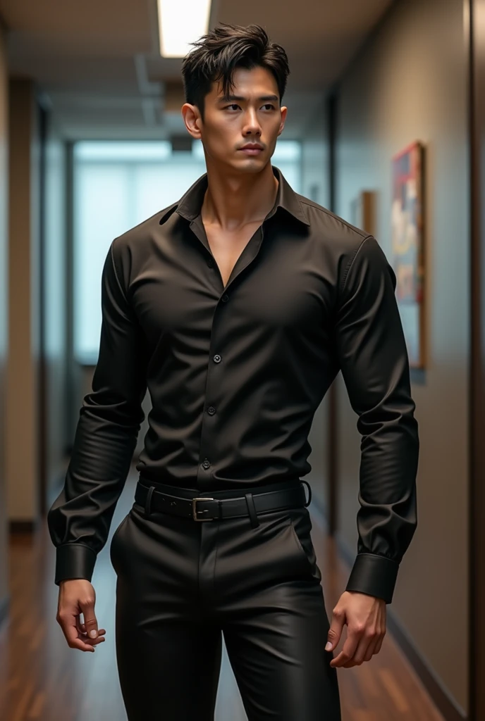 A Korean man with short hair and handsome face features wearing long sleeved shirt,muscle balance,wet clothes, pants, and shoes standing in an office with masculine pose and fierce expression, realistic,lewd smile, detailed clothes, detailed background