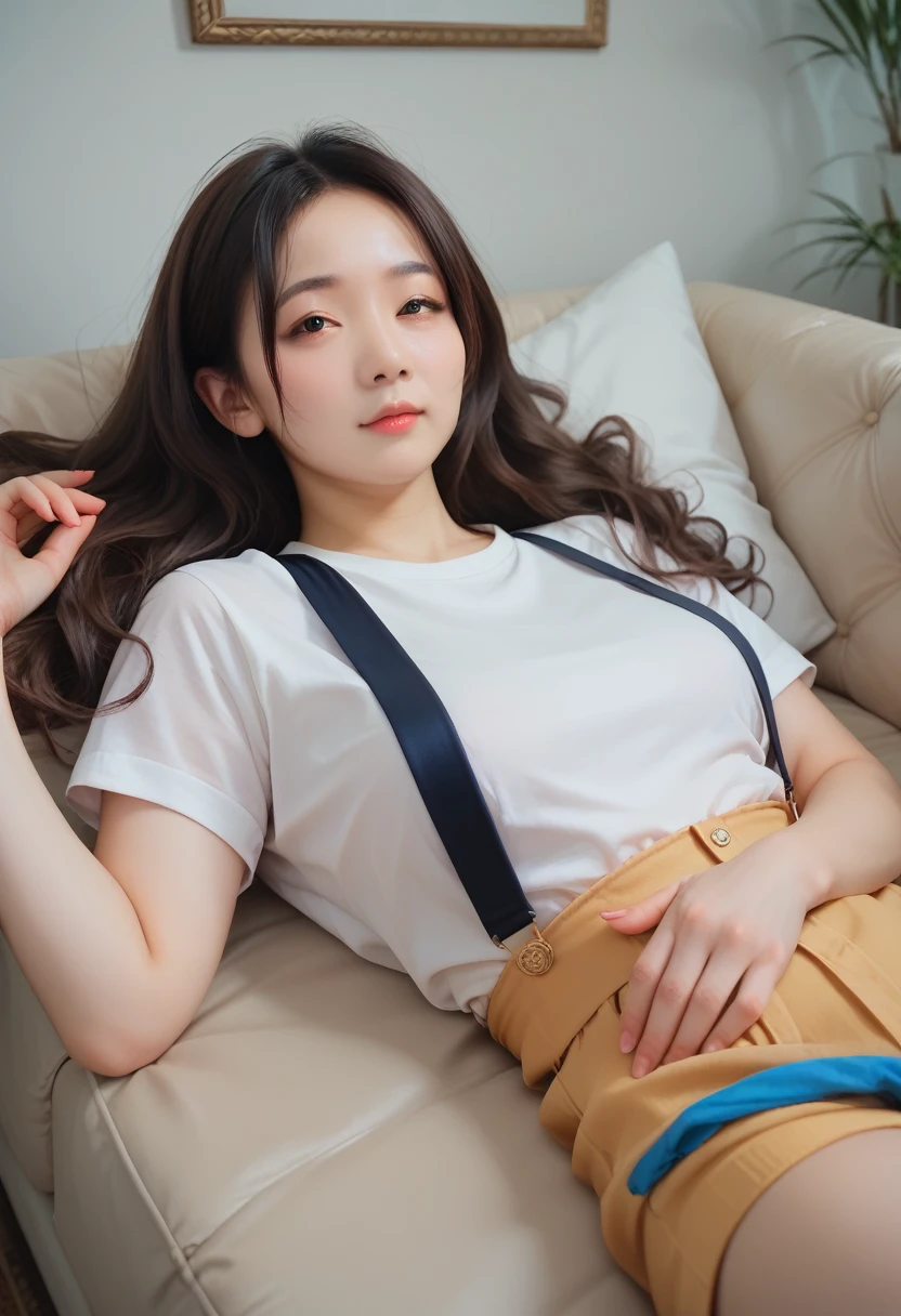 Mature woman lying on a couch, with big black wavy hair, wearing suspenders, plump figure, Delicate facial features, Realistic image quality, Asian woman, age about 40 years, Surreal