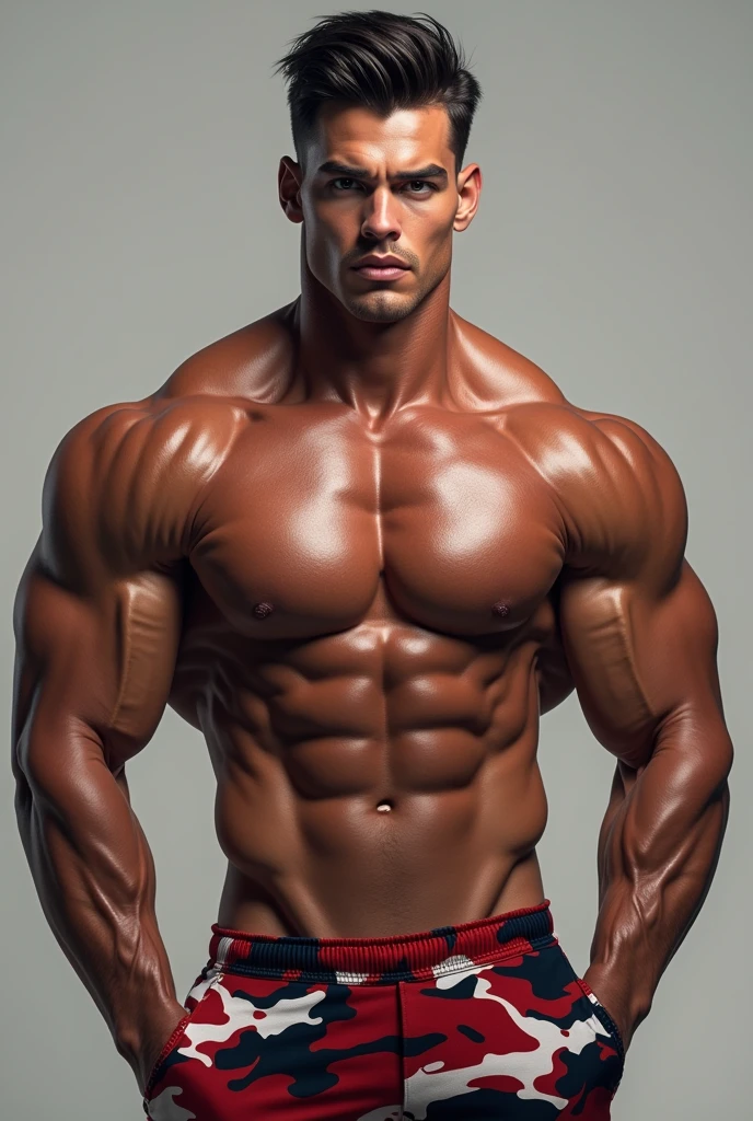 handsome muscular man, 1man, wearing camouflage red white and black shirt , camouflage red white and black pants, detailed facial features, extremely detailed eyes and face, beautiful detailed lips, longeyelashes, strong masculine physique, powerful muscles, realistic, photorealistic, photo-realistic:1.37, best quality,4k,8k,highres,masterpiece:1.2,ultra-detailed,vivid colors,studio lighting