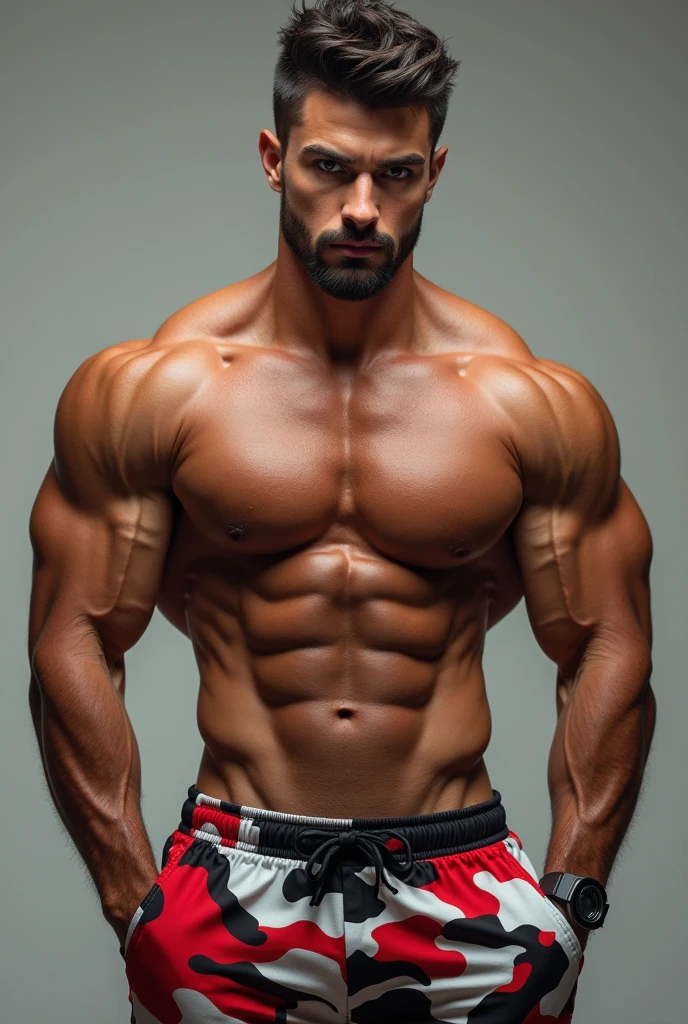 handsome muscular man, 1man, wearing camouflage red white and black shirt , camouflage red white and black pants, detailed facial features, extremely detailed eyes and face, beautiful detailed lips, longeyelashes, strong masculine physique, powerful muscles, realistic, photorealistic, photo-realistic:1.37, best quality,4k,8k,highres,masterpiece:1.2,ultra-detailed,vivid colors,studio lighting