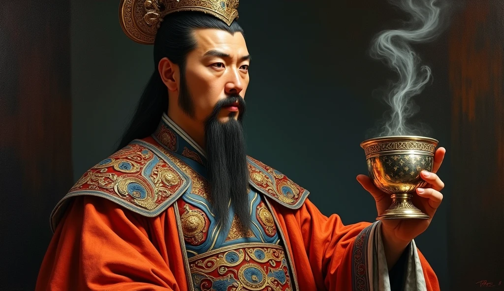Emperor Qin Shi Huang holding a beautifully crafted cup filled with a shimmering, silvery liquid (mercury)."
"His face is serene and confident, believing the elixir will grant him immortality."
"The background subtly hints at the dangers, with dark, foreboding shadows creeping in."