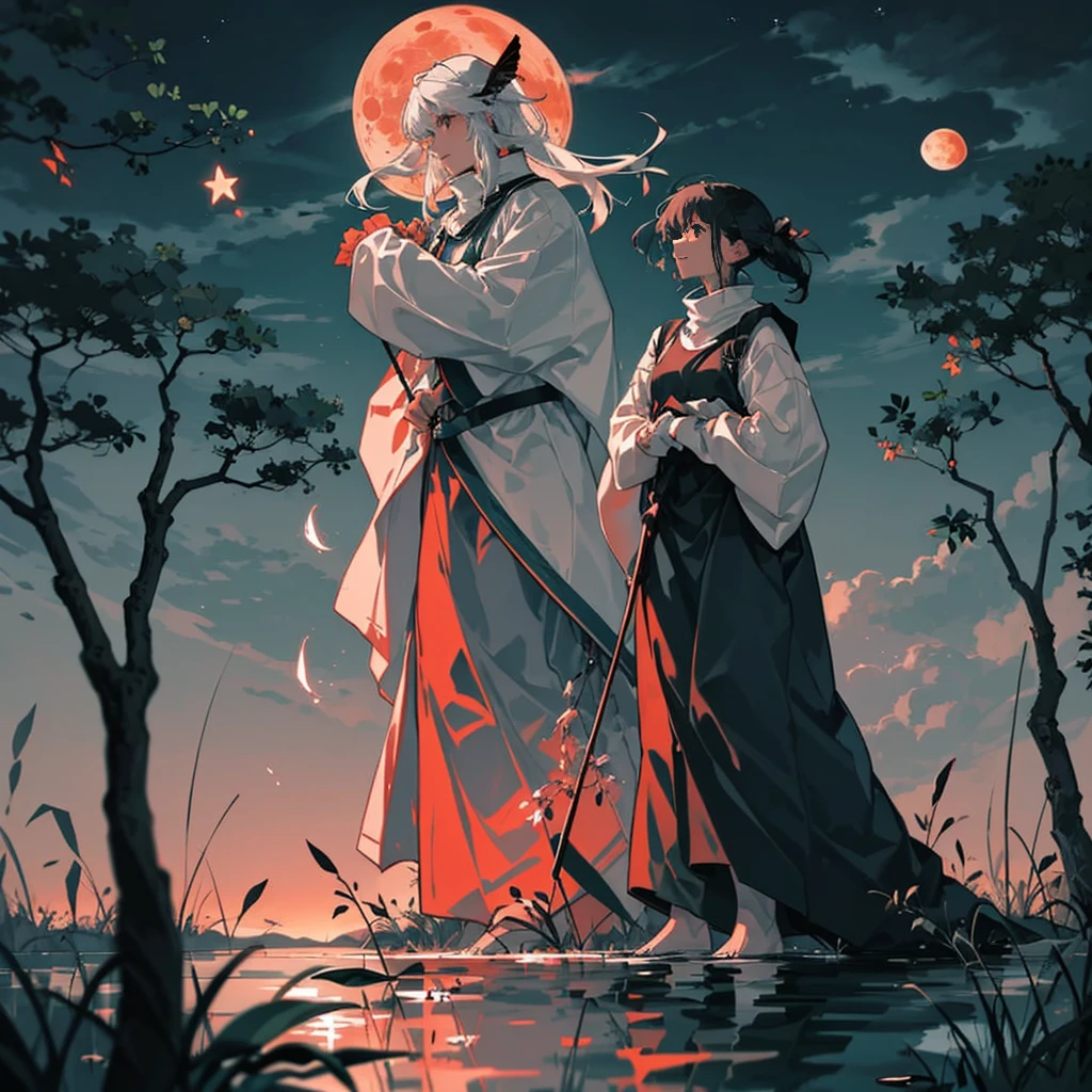 Massive clouds cover the sky and reach the ground, a moon behind the clouds reflects its light, a star-studded sky, on the right side of the screen, external lights reflect their light on a small lake, tall and shining grass from the moonlight, luminous insects, a giant mythical tree with a twisted trunk around itself, red and black, big clouds 