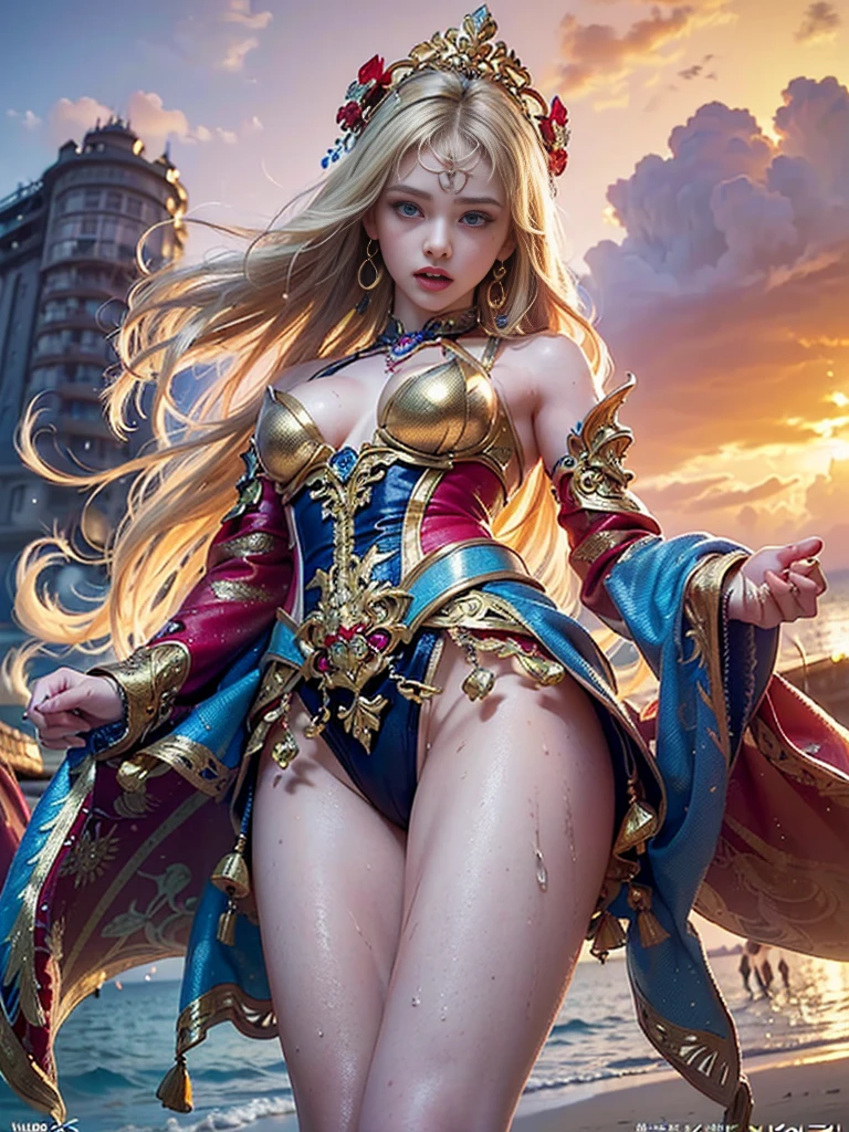 (((masterpiece, best quality))), (((high quality))), (((high resolution illustration))), (((hyper detail))),NSFW, (((Wordsworth's Sharon))),(((Very beautiful long blonde hair))), (((Very beautiful face))), ((((Detailed face)))),(((very beautiful blue eyes))),(((Realistic Skin))),(((her face is flushed))),(((slim body))),(((slim thighs))),(((small breasts))),(((very beautiful slender legs))),(((gold and blue and red and white armor with extremely detailed and intricate decoration))),(((beautiful earrings))),(((beautiful hair ornaments))),(((in the sea at the very beautiful beach))),(((wet her skin))),(((1girl))),(((1boy))),(((very angry))),(((a girl is walking with a boy ))),(((from below)))