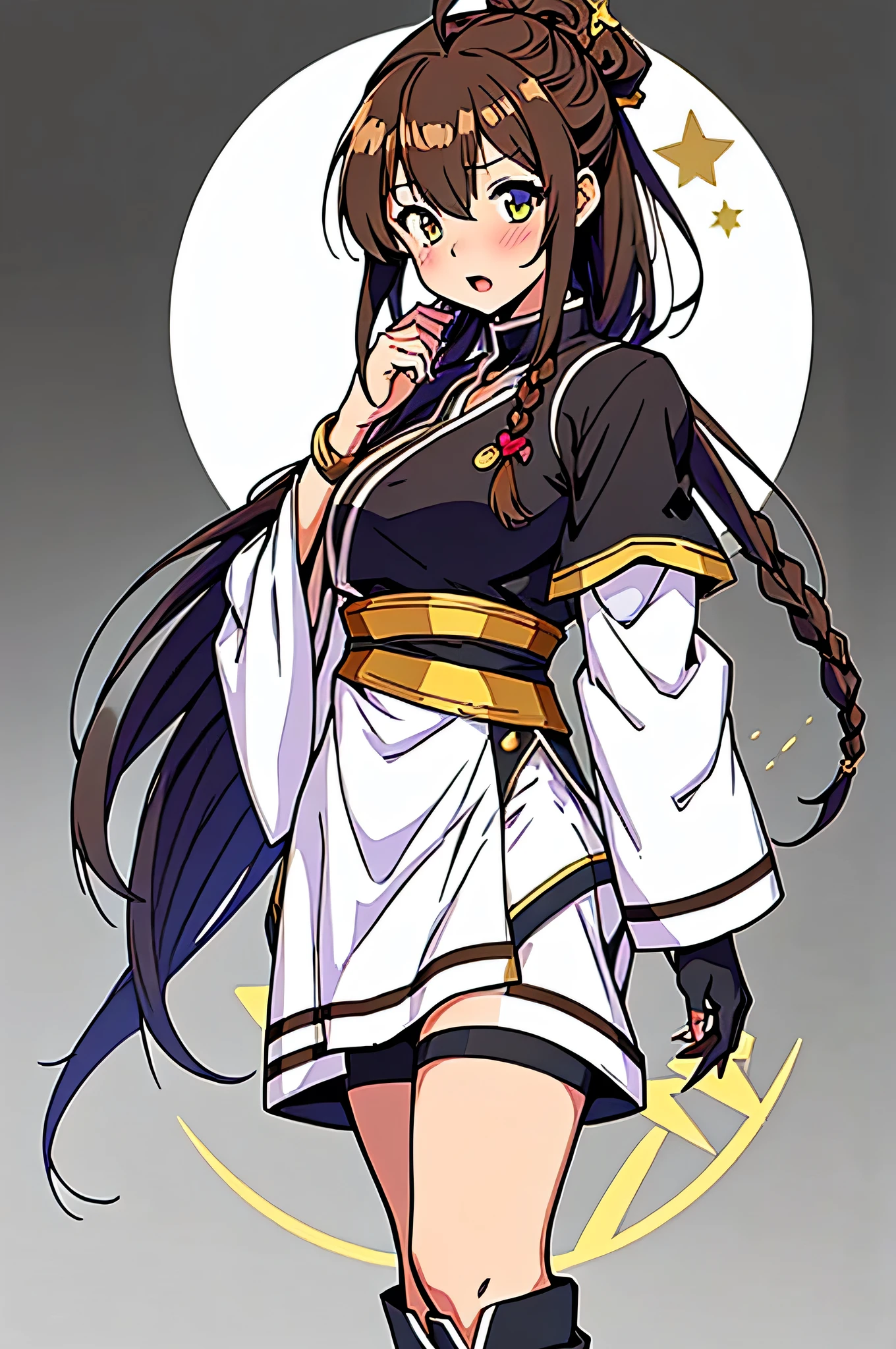 all intricate details, full body, a female anime character with large expressive eyes and black hair in a dark purple outfit, 1girl view, solo, virtual youtuber, ahoge, green eye, heterochromia, brown eye, open mouth, white background, breasts, simple background, braid, brown hair, upper body, hair ornament, looking at viewer, symbol-shaped pupils, star (symbol), blush, (wiz konosuba outfit), Wiz, brown hair, golden eyes, lich robes, purple lich robes, boots, hair over eye.