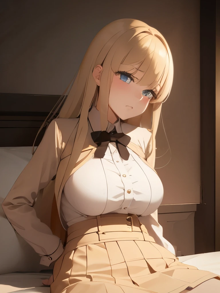1girl, mahiru shiina, blonde long hair, lingerie, sitting on bed, smiling, (blushing:1.3), medium breasts, (grabbing breasts:1.4)
