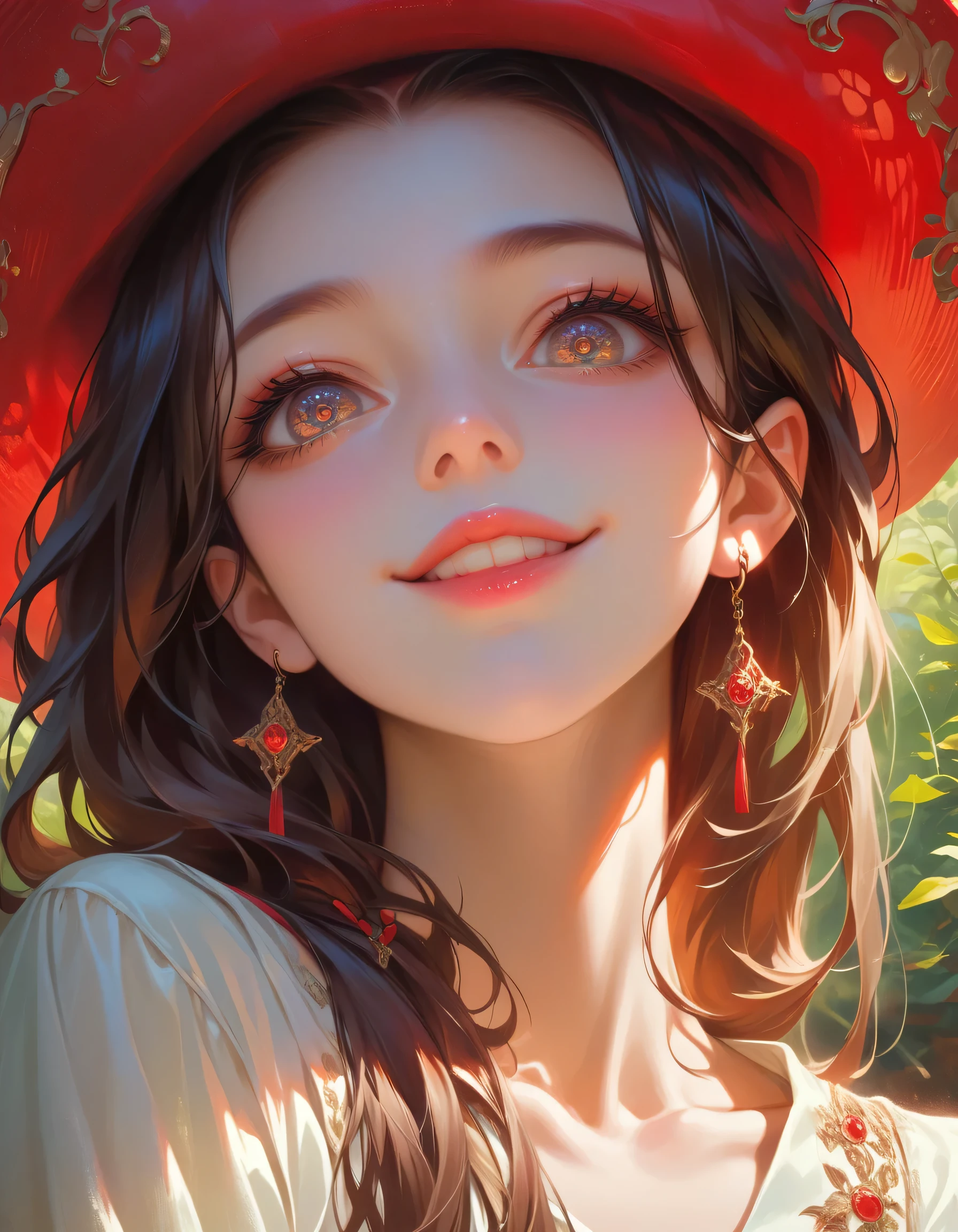 a cute anime girl with long brown hair, Wearing a red hat, Smiling in a lush forest scene, Very detailed portrait, Beautiful and delicate eyes, Beautiful and delicate lips, Extremely detailed face, Long eyelashes, Reality, 8K, masterpiece, Vibrant colors, Warm colors, Soft lighting, Film composition, (Photo below) , (Cowboy lens)