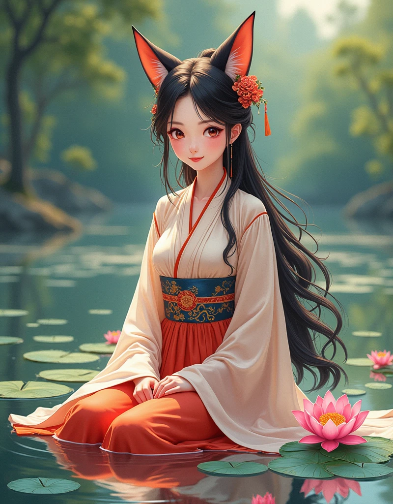 absurd, high resolution, Extremely detailed, (1 Girl:1.3), Hand Painted, beautiful smile gentle and soft smile on her face, (oil painting style art), (realistic anime art) Simple lines, wearing colorful Chinese Hanfu, Sexy fox ears girl, By the lotus pond, masterpiece, sitting in water, Floating clothes, Flowing hair