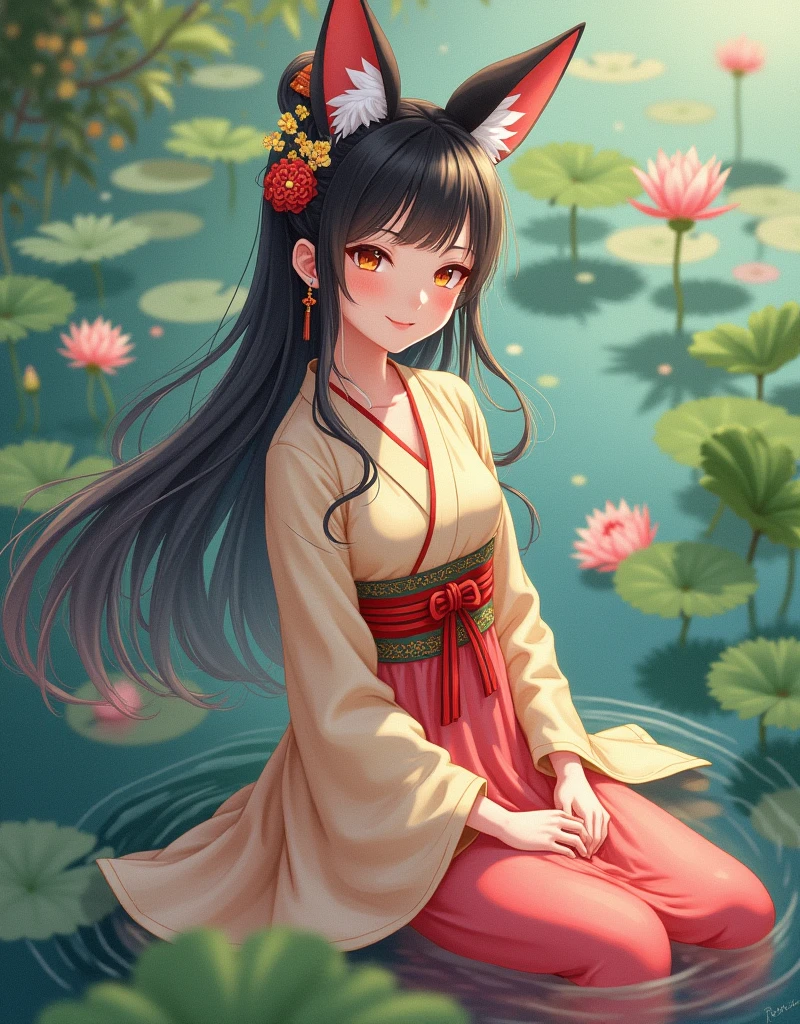 absurd, high resolution, Extremely detailed, (1 Girl:1.3), Hand Painted, beautiful smile gentle and soft smile on her face, (oil painting style art), (realistic anime art) Simple lines,  wearing colorful Chinese Hanfu, Sexy fox ears girl, By the lotus pond, masterpiece, sitting in water, Floating clothes, Flowing hair