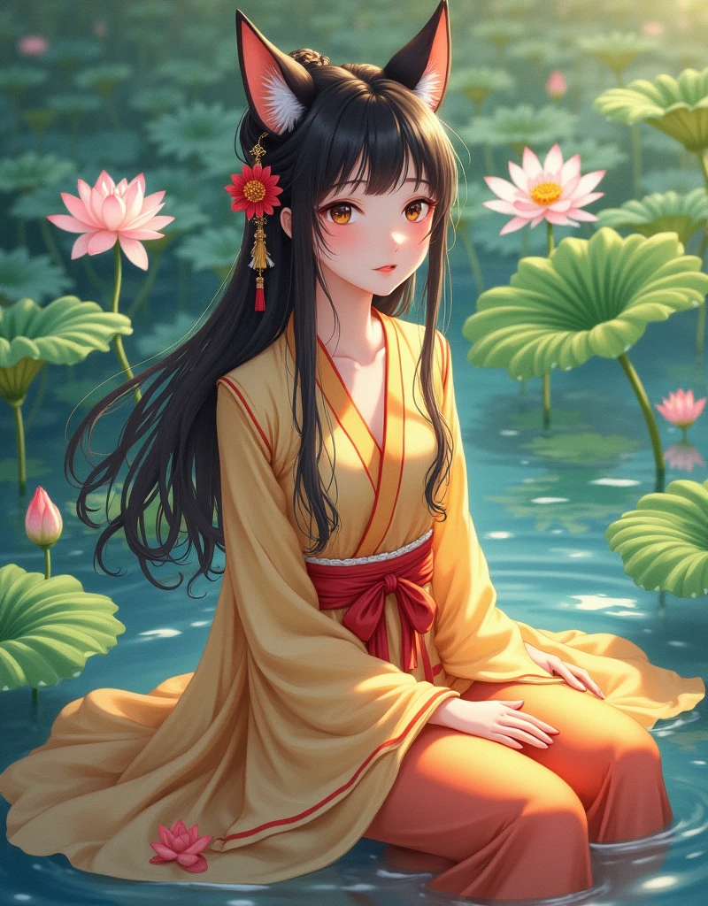 absurd, high resolution, Extremely detailed, (1 Girl:1.3), Hand Painted, beautiful smile gentle and soft smile on her face, (oil painting style art), (realistic anime art) Simple lines, -yeld giwearing colorful Chinese Hanfu, Sexy fox ears girl, By the lotus pond, masterpiece, sitting in water, Floating clothes, Flowing hair