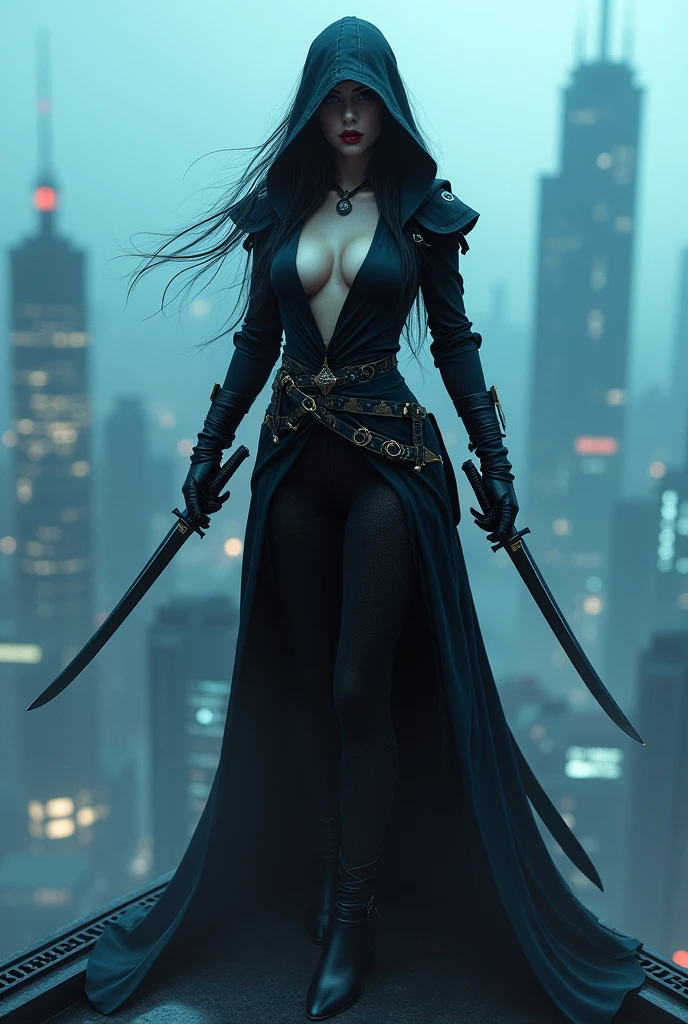 Une femme vampire assassin avec des rondeur tenue de ninja remplit de couteau avec des bottes poser sur une tour la nuit dans une ville de technologie en bleue