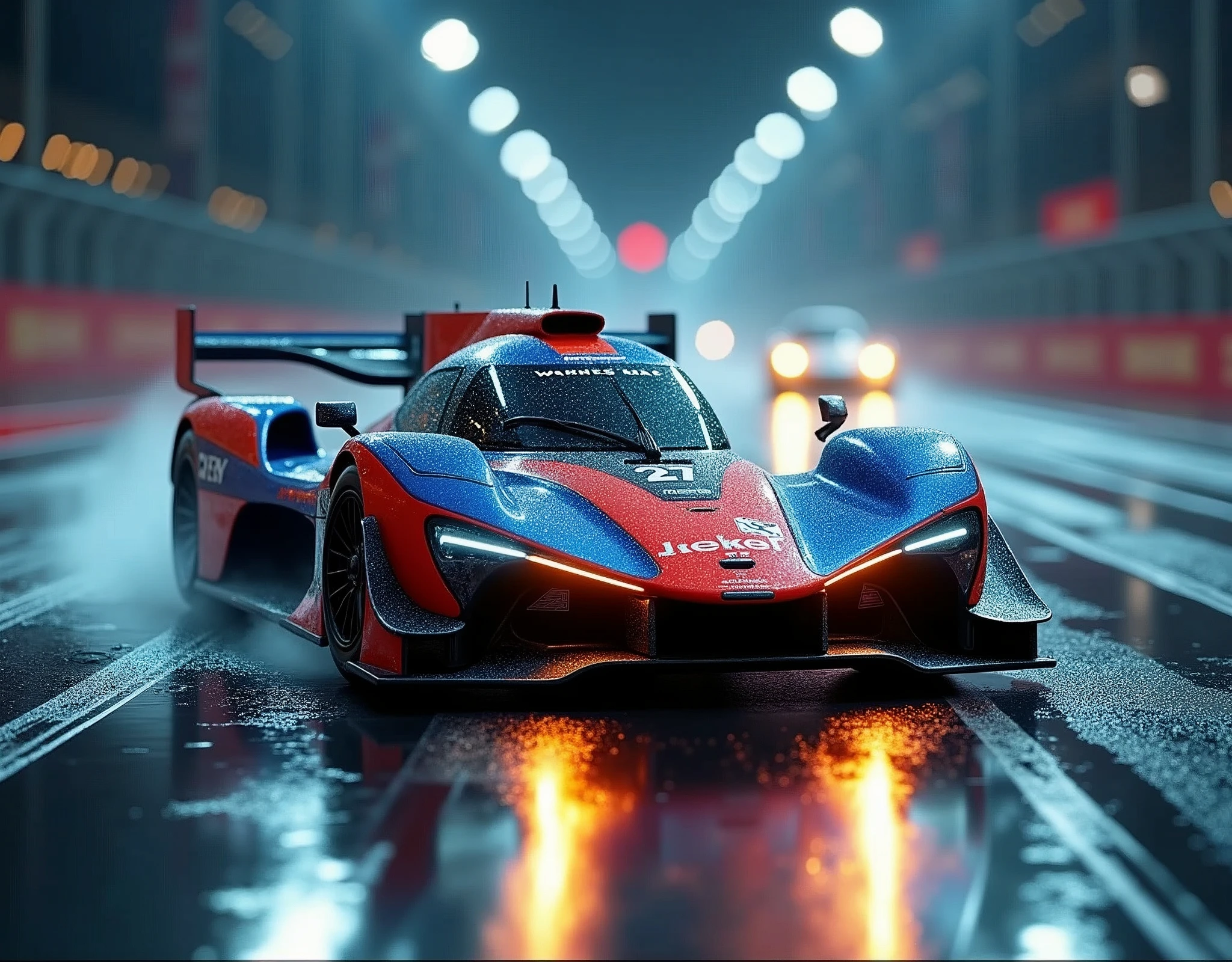 The task is asking to annotate the image by describing its content. The image features a modern racing car prominently displayed in the foreground, characterized by its sleek design and vibrant color scheme. The car's position on a wet road suggests motion and speed, which is further emphasized by the streaks of light created by the headlights and ambient lighting. The background, though less distinct, provides context with the suggestion of an ongoing race or a high-speed drive at night. There are no people visible in the image, and the focus is solely on the vehicle and its immediate surroundings.