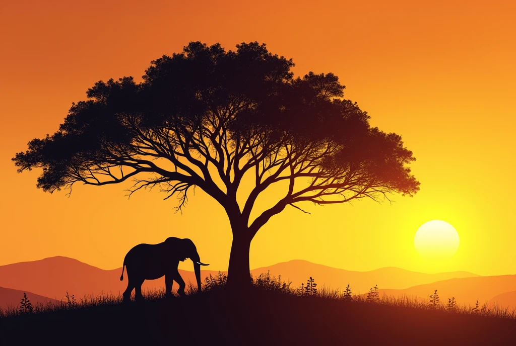 A silhouette of a large tree with dense foliage standing against a golden-orange sunset sky. At the base of the tree, there is a single elephant facing right. The scene emphasizes the tranquility and beauty of nature in the evening, with the tree and the elephant as the main elements.