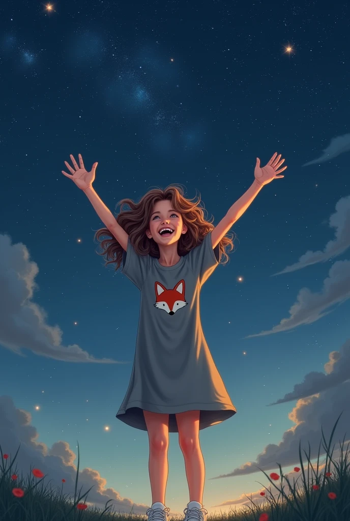 Create an image of a white girl with curly hair, brown and long. This one is wearing a gray dress with a fox print.. It&#39;s getting dark and there are many stars in the sky. She is happy with her arms up. wearing white sneakers