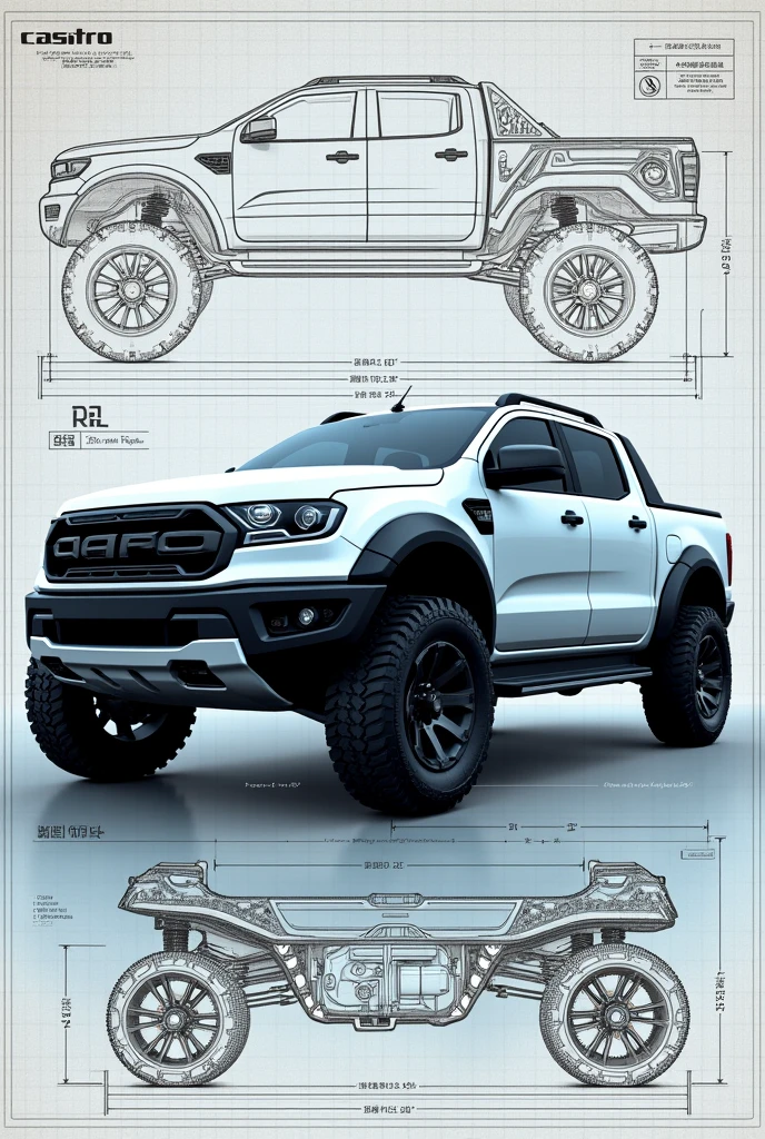 Create a new pickup truck model that is not identical to other brands.,  with the CASTRO brand at the forefront, a imagem deve ser em forma de blueprint