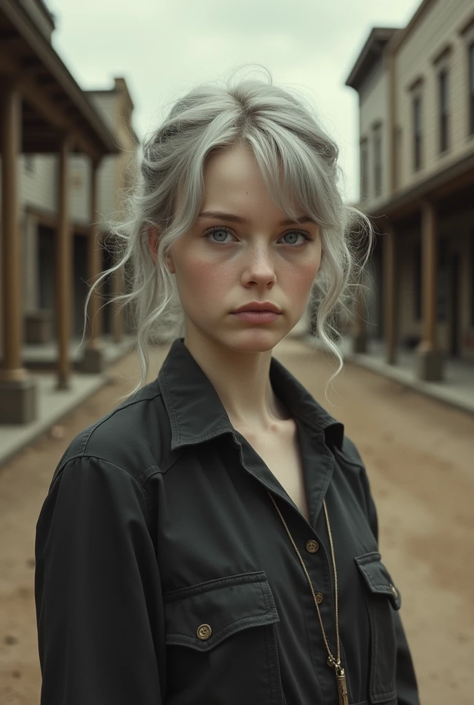 Old photo style image of a young very pale woman with light gray messy hair, light blue eyes and pale lips, dressed in a dark cowboy shirt. The setting is USA, 1900s, the background is an old town of that era.