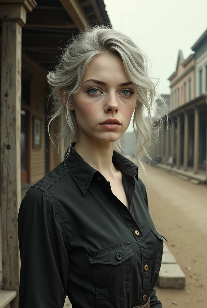 Old photo style image of a young very pale woman with light gray messy hair, light blue eyes and pale lips, dressed in a dark cowboy shirt. The setting is USA, 1900s, the background is an old town of that era.