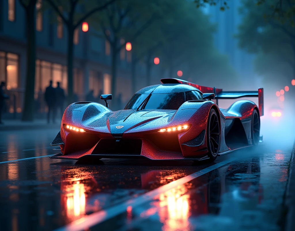 A modern racing car, sleek and vibrant, positioned on a wet road as if in motion, speed emphasized by headlights' streaks of light. The ambient lighting highlights the car's contours. In the background, subtle suggestions of an ongoing race or nighttime drive blur into darkness. The focus is solely on the vehicle, its design, and surroundings, with no people visible.