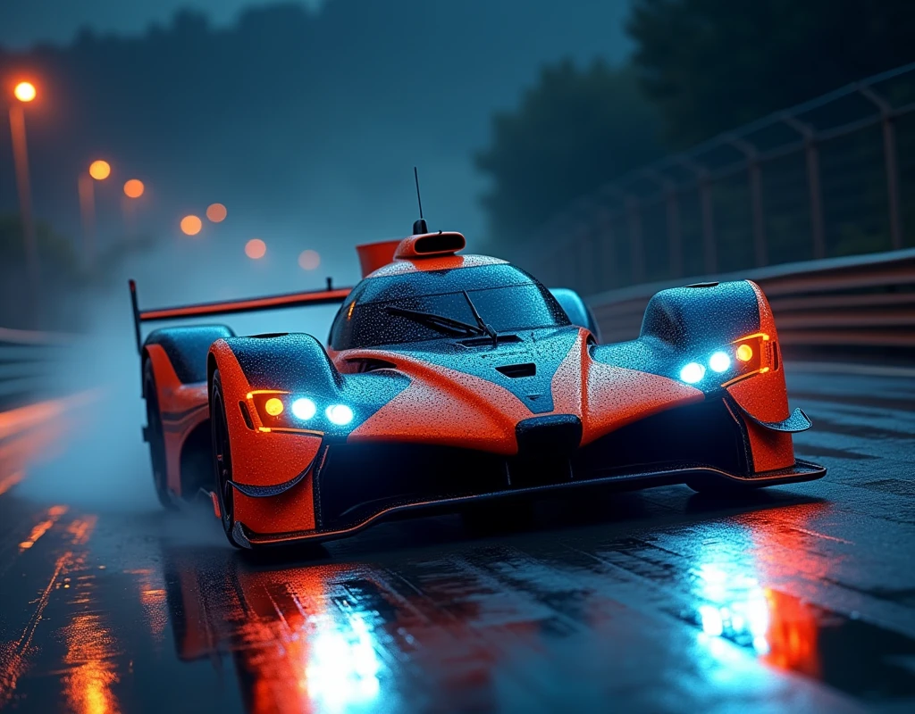 A modern racing car, sleek and vibrant, positioned on a wet road as if in motion, speed emphasized by headlights' streaks of light. The ambient lighting highlights the car's contours. In the background, subtle suggestions of an ongoing race or nighttime drive blur into darkness. The focus is solely on the vehicle, its design, and surroundings, with no people visible.