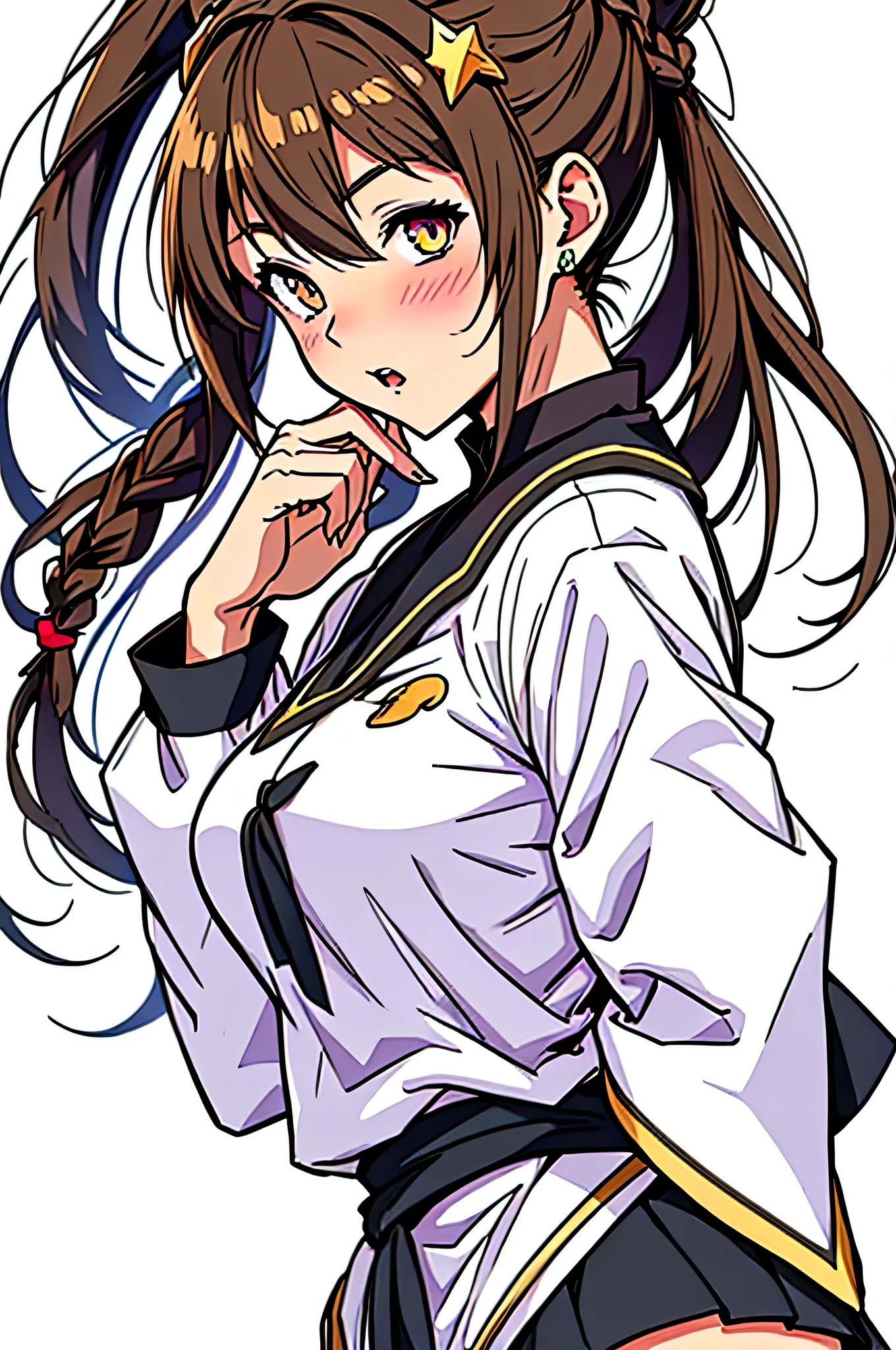 all intricate details, full body, a female anime character with large expressive eyes and black hair in a dark purple outfit, 1girl view, solo, virtual youtuber, ahoge, green eye, heterochromia, brown eye, open mouth, white background, breasts, simple background, braid, brown hair, upper body, hair ornament, looking at viewer, symbol-shaped pupils, star (symbol), blush, (wiz konosuba outfit), Wiz, brown hair, golden eyes, lich robes, purple lich robes, boots, hair over eye.