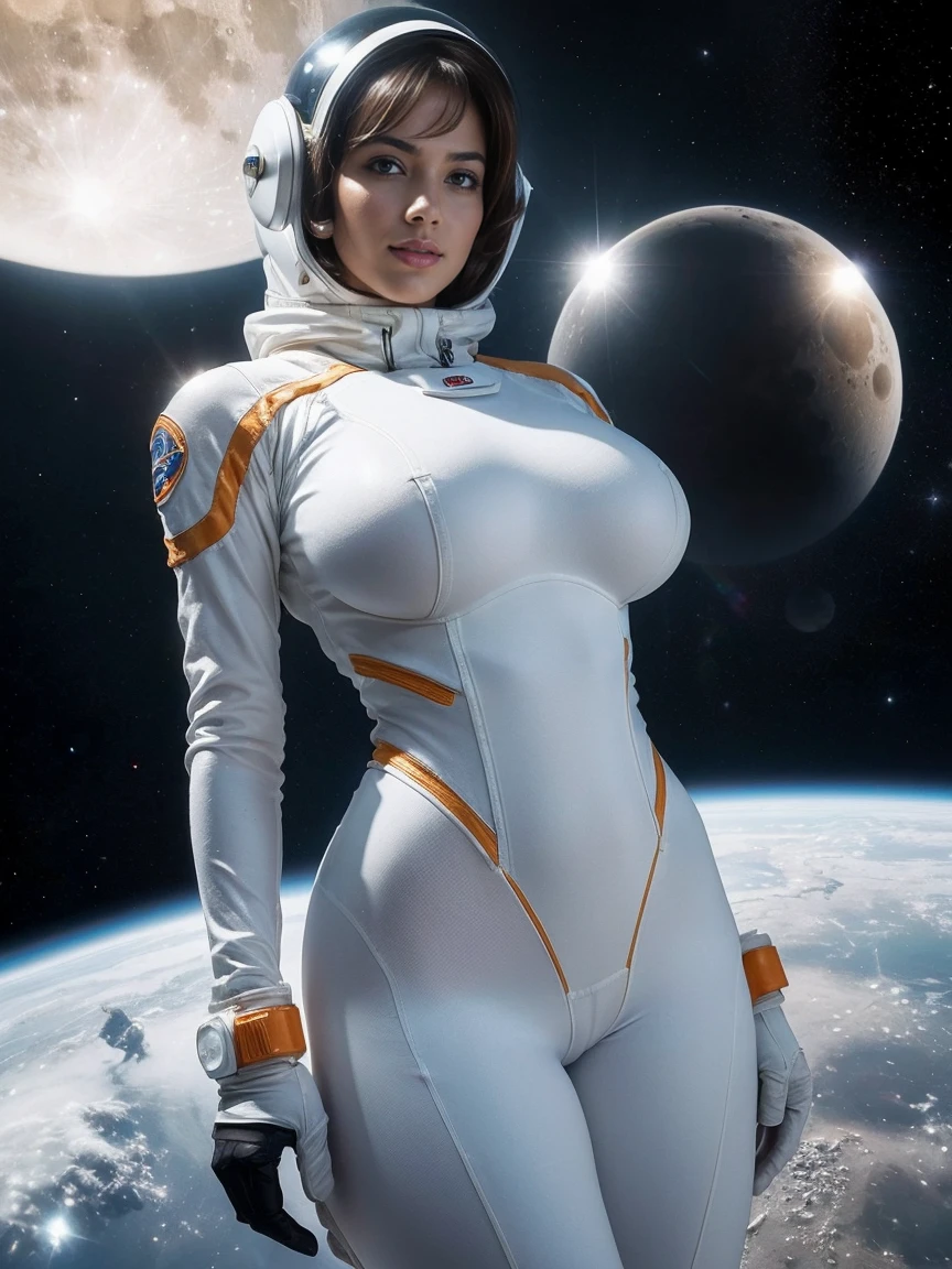 (masterpiece, top quality, best quality, official art, beautiful and aesthetic:1.2), (1girl:1.3), light freckles, fair skin, extremely detailed, portrait, looking at viewer, solo, (full body:0.6), detailed background, close up, (bright space pinup theme:1.1), busty 1950's pinup brunette space girl, charlatan, smiling, happy, mysterious, spacewalk, modest attire, white and orange space suit, spacesuit, helmet, bodysuit, ray gun, long boots, pouches, jetpack, glass helmet, rocket ship, ((((narrow hips, slim sexy body, medium breasts)))), slim waist, slim hips, long legs, futuristic (moon exterior:1.1) background, dark mysterious lighting, shadows, magical atmosphere, dutch angle,
