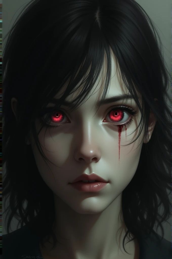 Adult with black hair, red eyes and looking very sad