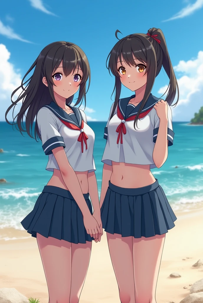 ((Highest quality, 8k, masterpiece: 1.3)), One person, Cute Japanese woman highlighting her slim abs: 1.3, (Random Hairstyles, Standard chest: 1.2), uniform: 1.2, 1 Boy, Cute Japanese girl who emphasizes her slim abs: 1.4, (Random Hairstyles, Standard chest: 1.2), uniform: 1.2, Beach, Highly detailed face, Detailed eyes,single eyelid