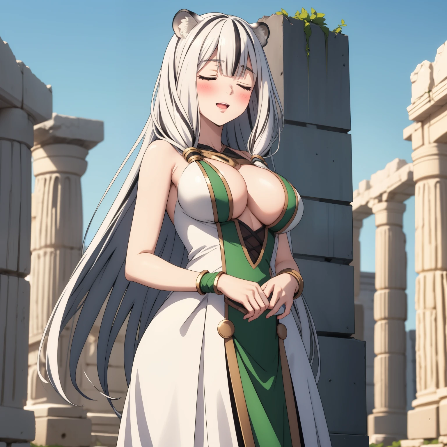 Atlas Fayon woman 40 years old, white hair with black stripes ,white tiger ears, closed eyes, mujer ciega con closed eyes, happy expression. trust. blush,  Pale skin, big breasts, dressed as a green Greek goddess,  goddess cosplay . I am standing by some Roman ruins. big breasts.