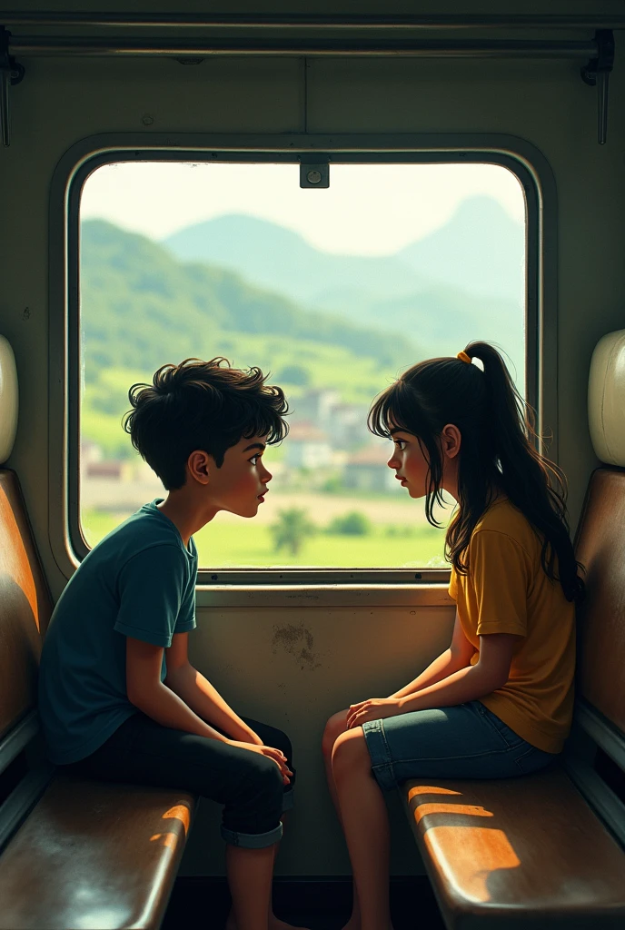 A boy nd teen in the side lower seat of an Indian train  seating opposite to each other  looking outside the train to a beautiful scenery 