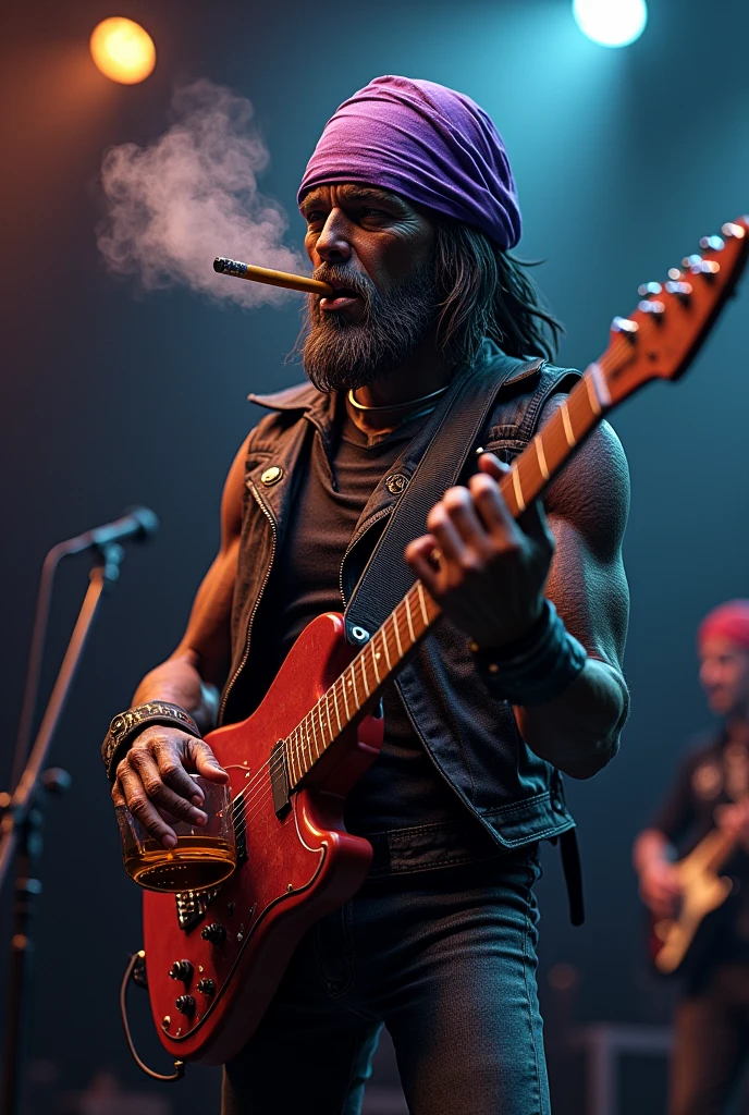 Generate a single cigarette from a famous tobacco brand with a body and a purple bandana on his forehead, playing rock with a guitar at a concert while also smoking a cigarette and drinking whiskey.