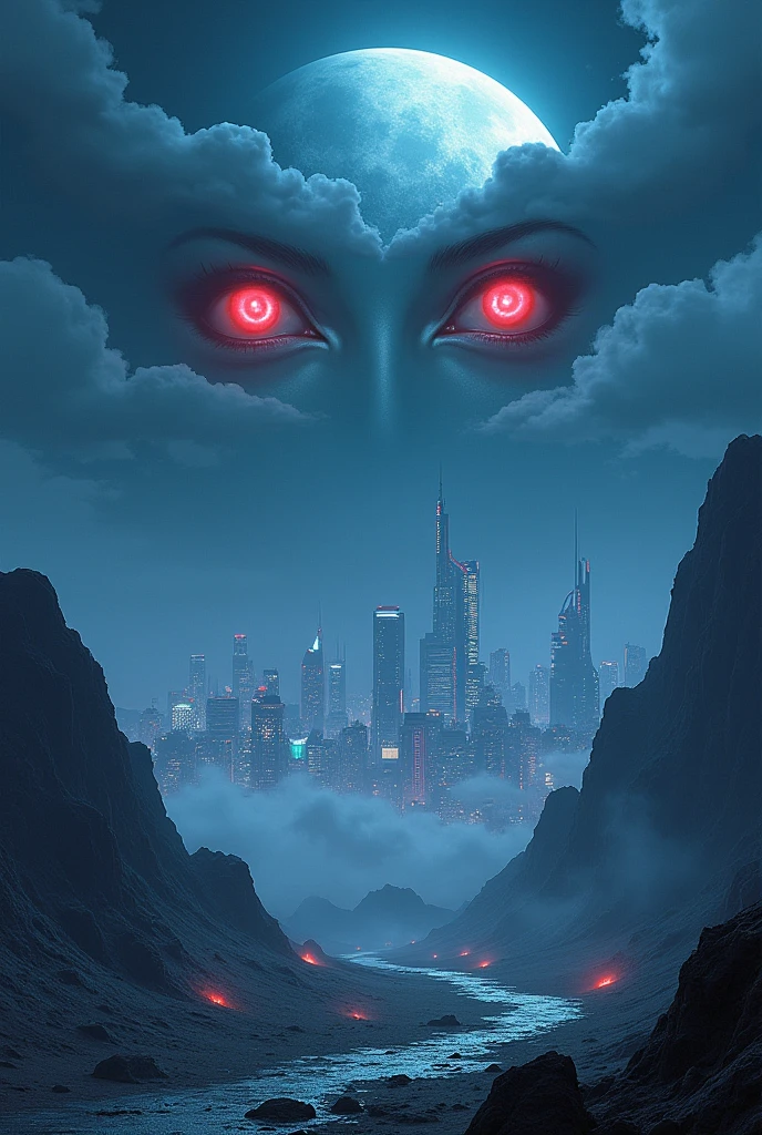 I wanted something like the Japanese cyberpunk cities in the background, like a moon crater and two feminine eyes on the horizon above the city but that at night, the same way, just highlighting the eyes a little more, as if they were the eyes of white girls. I WANT THE CITY IN THE BACKGROUND, IN THE PLACE OF THE SUN, On the plain (ground place) I WANT THE CLOUDS, makes the eyes more beautiful and detailed , no need for a nose, I ONLY WANT THE EYES EXTREMELY AT NIGHT, moonligh, moonligh