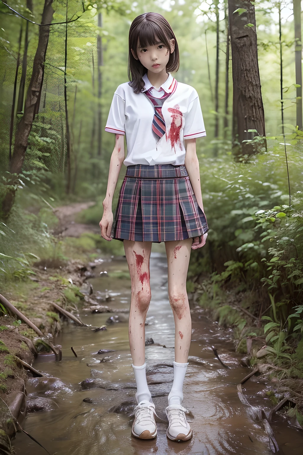 (8K、RAW Photos、highest quality、masterpiece:1.2), (Realistic、Photorealistic:1.2), (High resolution skin:1.1), Beautiful young girl,japanese,10 years old ,small breasts,(Slender girl:1.4),(Thin legs:1.4),plaid short skirt,school uniforms, (White high socks), Short sleeve,sneakers, whole body,forest,standing,(muddy),(wounds,bloody legs:1.3)
