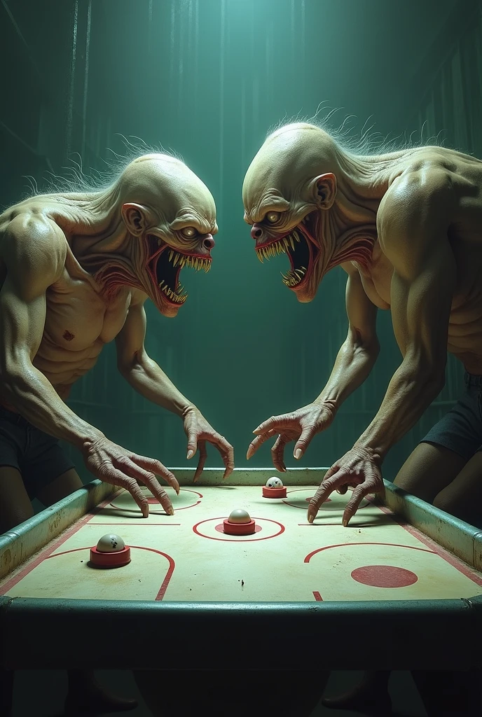 Full-body horror characters playing air hockey 