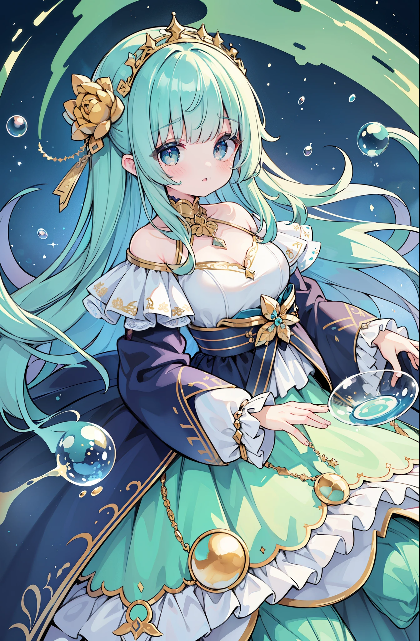 masterpiece, best quality, 8k resolution, sharp focus, intricate detail, beautiful girl, sparkling eyes, golden ratio face, otherworldly liquid, watercolor, cool colors, bright colors, whimsical, colorful, sharp focus, high resolution, fine detail, ((layered tiered puffy long sleeves ballgown)), ((round eyes)), iridescent bubbles, fantasia background
