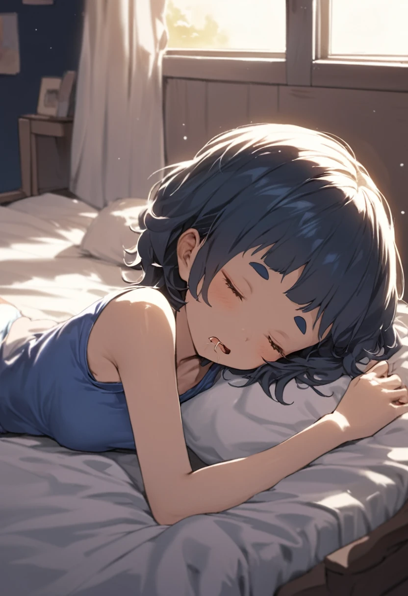 (best quality, masterpiece, ultra highres, ultra-detailed),girl sleeping until noon,Tank top,Polyester shorts,closed eyes,open mouth,Drooling,She is lying in bed,Warm sunlight is shining through the window,nostalgic melancholic illustration, BREAK
(girl,15yo,detailed face,(darkblue wavy-short hair),middle thick eyebrows,middle small breasts),