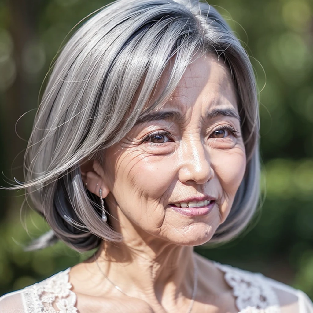 100-year-old grandmother、Gray Hair、The wrinkles are very deep、Mouth wrinkles、Wrinkles at the corners of the eyes、Hair is generally thin、Heavy makeup, Dark lipstick、Hollow Eyes、Open your mouth、I have five teeth.、