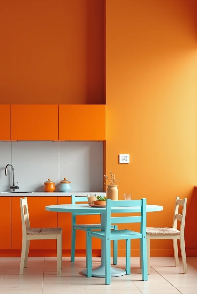 Create kitchen image showing two wall view. Paint the plain kitchen wall with light orange color. Paint cabinets hanging on the upper wall through out both wall horizontally with dark orange color. Paint dinning table and four chairs with light sky blue colour.