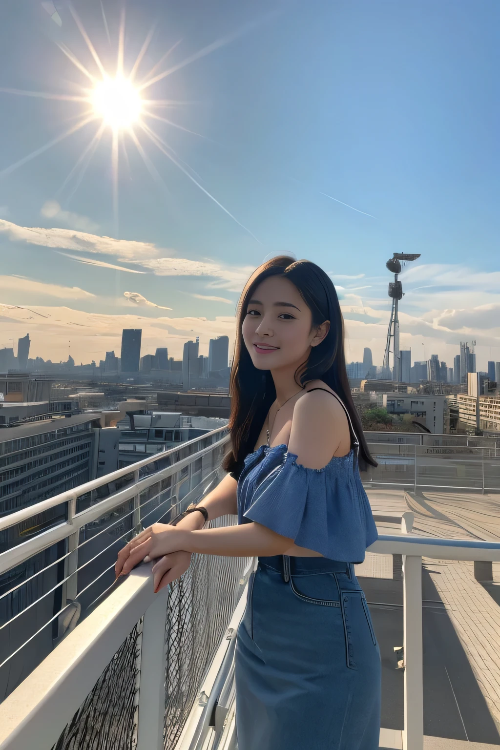 (masterpiece:1.2) (best quality) (detailed) (intricate) (8k) (HDR) (wallpaper) (cinematic lighting) (sharp focus),1girl, building, chain-link_fence, fence, skyscraper, cityscape, ferris_wheel, blue_sky, city, racket, sky, blush, tennis_racket, skyline, rooftop, architecture, smile, day, east_asian_architecture, lens_flare, tower, bridge, house, open_mouth, real_world_location, Abigail