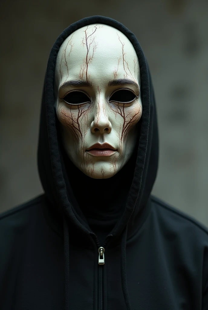 Make a mask inspired by this poem, that is with some color and good design, simple and beautiful. The poem itself, try someone who is afraid of death would like to escape that destiny, but knows it is impossible, is a solitary person. Make it feel somber, off, a little melancholic