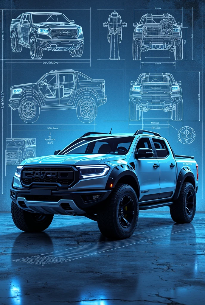 Create a new pickup truck model that is not identical to other brands.,  with the CASTRO brand at the forefront, a imagem deve ser em forma de blueprint
