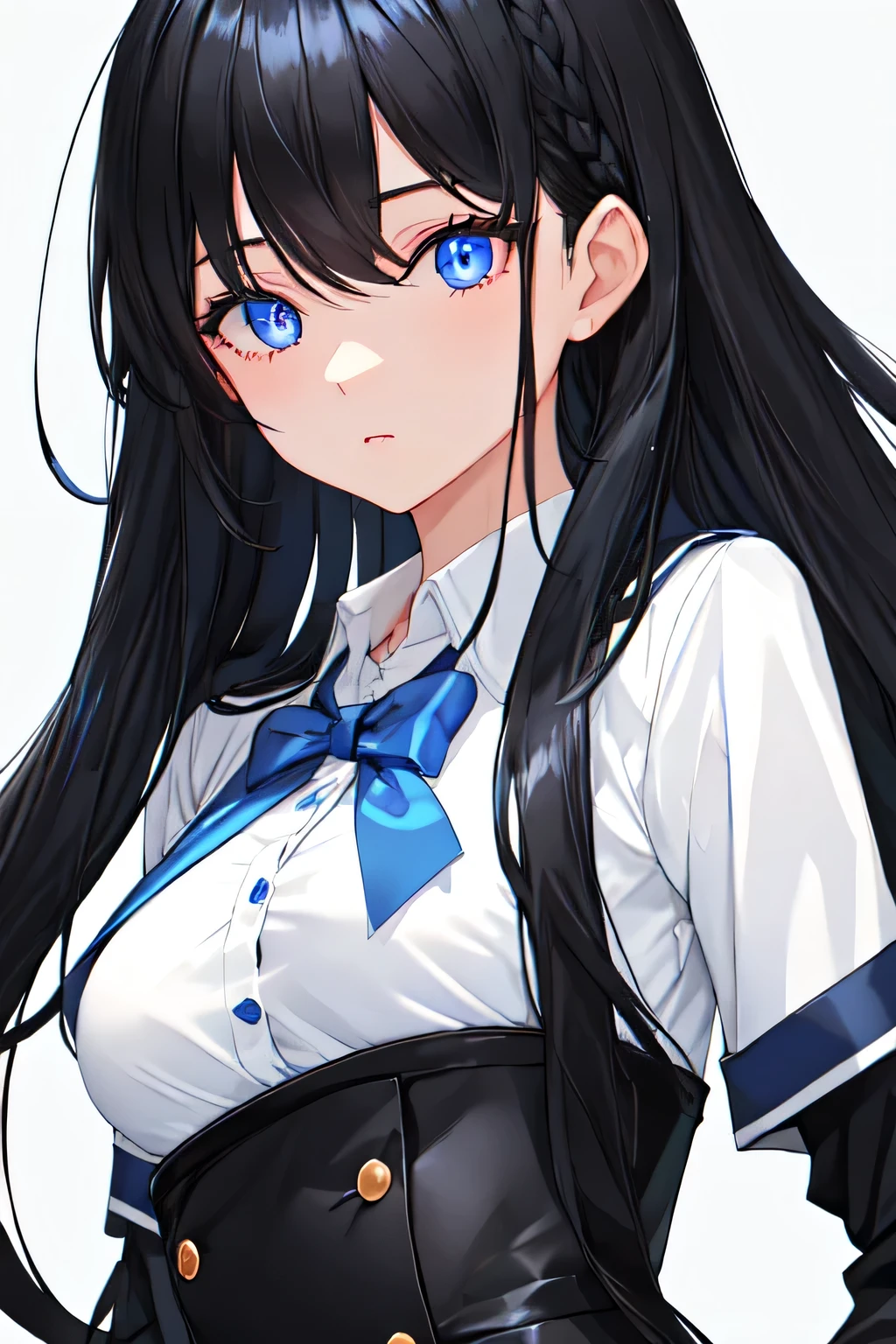 Black Hair, Black Eyes, (Blue Light From One's Eyes), 1 Girl, Long Hair Style, Masterpiece, Best Quality, Perfect Anatomy, Small Breast, Simple School Uniform, Cute, Beutiful, [Perfect Hand], [Perfect Eyes]