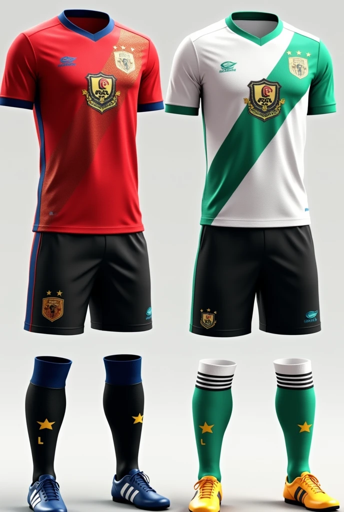 Create the club's home uniform with the crest you created
In the middle of the jersey on top put the crest, that the jersey is red and has gold details and the shorts are black with blue details
Create the away jersey with the crest on the left side and the jersey is White, with emerald green details and black shorts with yellow details