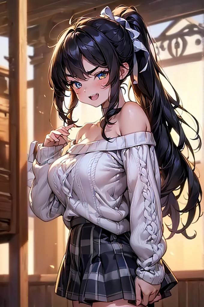 Browsing Caution,(Highest quality, 8k, masterpiece:1.3,beautiful girl), (Very detailed)Glowing Skin,(((Long Hair,ponytail,Blue Ribbon,Beautiful Hair))),(Perfect Anatomy, Anatomically cまたはrect, Very detailed肌),((Golden Eyes,Drooping eyebrows,I narrowed my eyes a little.....)),((Perfect Fingers,Five Fingers)), Baby Face, Mole under the eye,Double teeth,Big Breasts,Big Ass,high school girl,Very smiling,Summer festival,((White off-the-shoulder sweater,Black and white checkered mini skirt)),walk