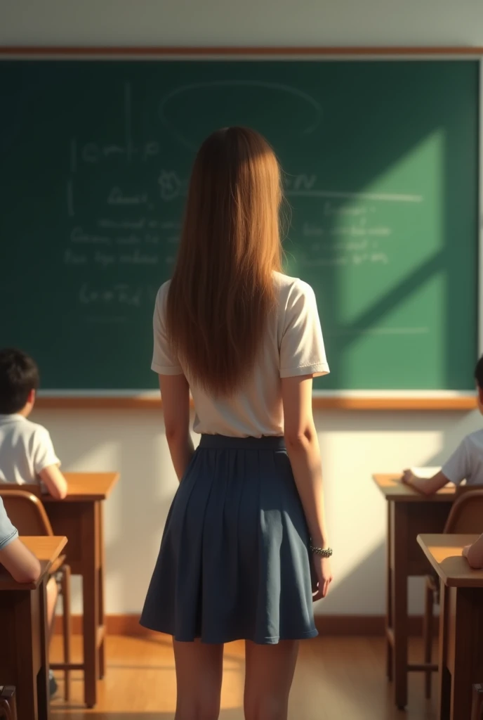 masterpiece,Highest quality,(Ultra high definition,8K Photo Wallpaper),(Highest quality),Physical Rendering,A female teacher standing in front of a blackboard in a high school classroom,ノースリーブシャツに黒のペンシルskirt,Backwards,The arm hair is shining in the half-backlight.,パンティラインが分かるほどskirtが密着している,Students are sitting on the chairs in the student room.,See-through,The thong is transparent,skirt,