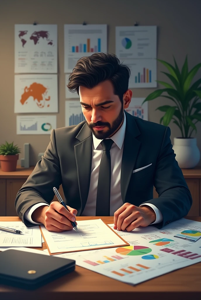 Amit is seen working meticulously at his desk, surrounded by charts, graphs, and business plans. He is focused, writing notes, and carefully planning his next steps. The room is well-organized, reflecting his methodical approach.