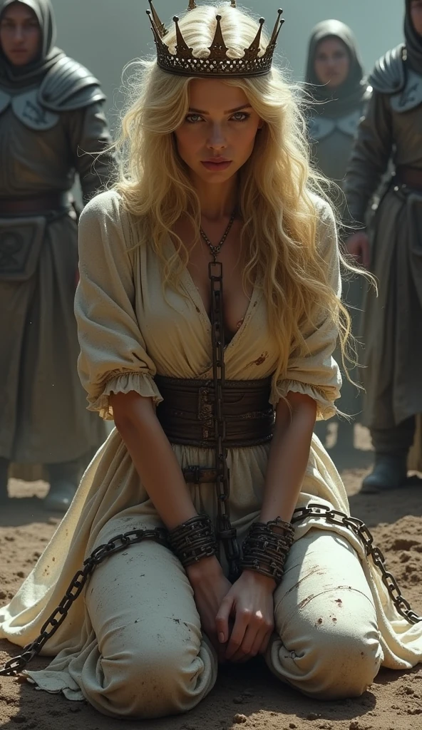 The beautiful queen was captured by the enemy forces.。crown。Torn clothing。Messy blonde。Bound in chains。Kneeling。