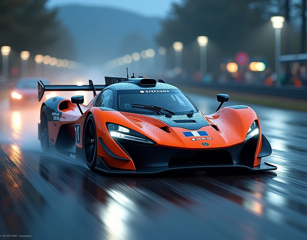 A modern racing car, sleek and vibrant, positioned on a wet road as if in motion, speed emphasized by headlights' streaks of light. The ambient lighting highlights the car's contours. In the background, subtle suggestions of an ongoing race or nighttime drive blur into darkness. The focus is solely on the vehicle, its design, and surroundings, with no people visible.